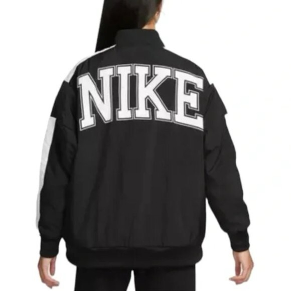 Nike Team Vintage Style Bomber Jacket Black White Varsity Letterman Full Snap M